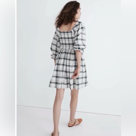 Madewell mini dress Lucie Elbow-Sleeve Smocked in Lebaum Plaid - Picture 2 of 7